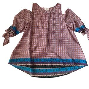 Umgee Cold Shoulder Fun Geometric/Floral Pattern Blouse Red and‎ Blue